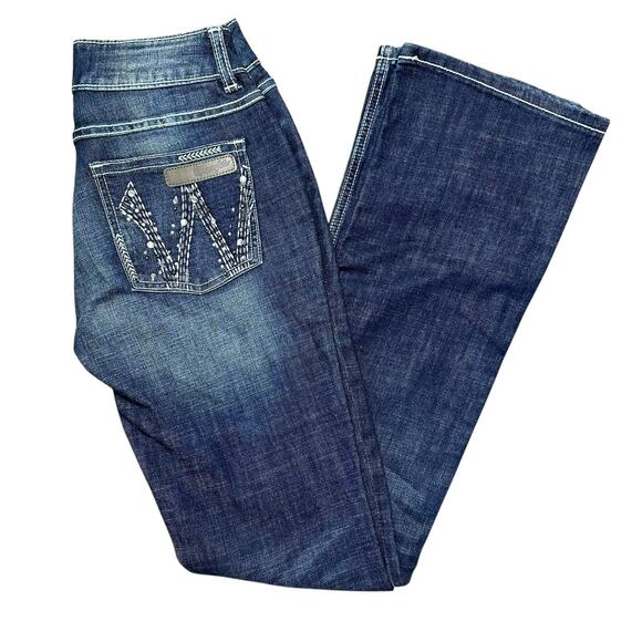 WRANGLER Boot Cut Jeans 3/4 X 34 Inseam Dark Wash Rhinestones Low Rise - Picture 1 of 7